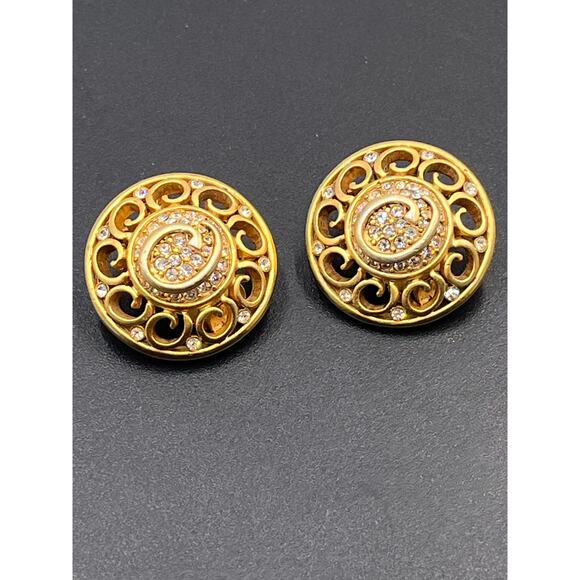 Oscar de la Renta Vintage Signed  Gold Tone Logo Pave Crystal Button Earrings - Picture 9 of 9